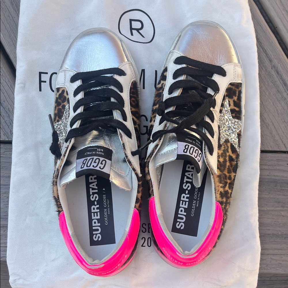 Golden Goose Super-Star Leopard Print Sneakers with Silver and Pink Accents